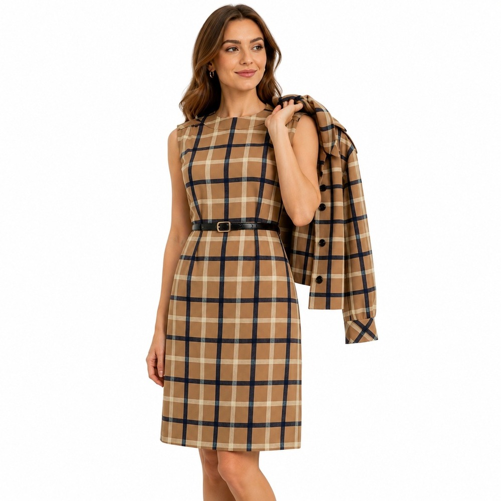 Vintage 60s Nancy Greer Plaid 2 Pc Dress Jacket Set 8 Windowpane Belted Preppy